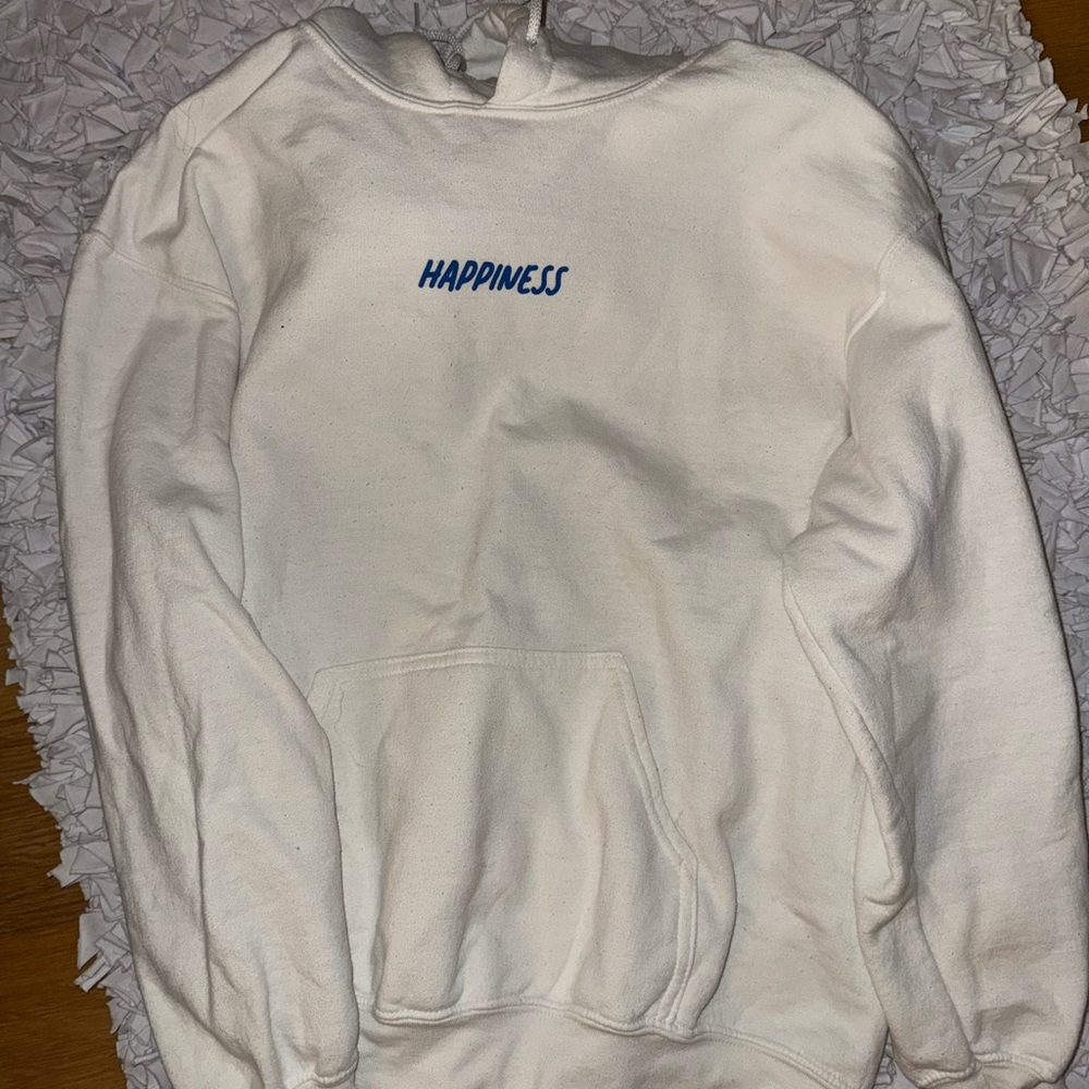 White Sweatshirt with Blue 'Happiness' Embroidery